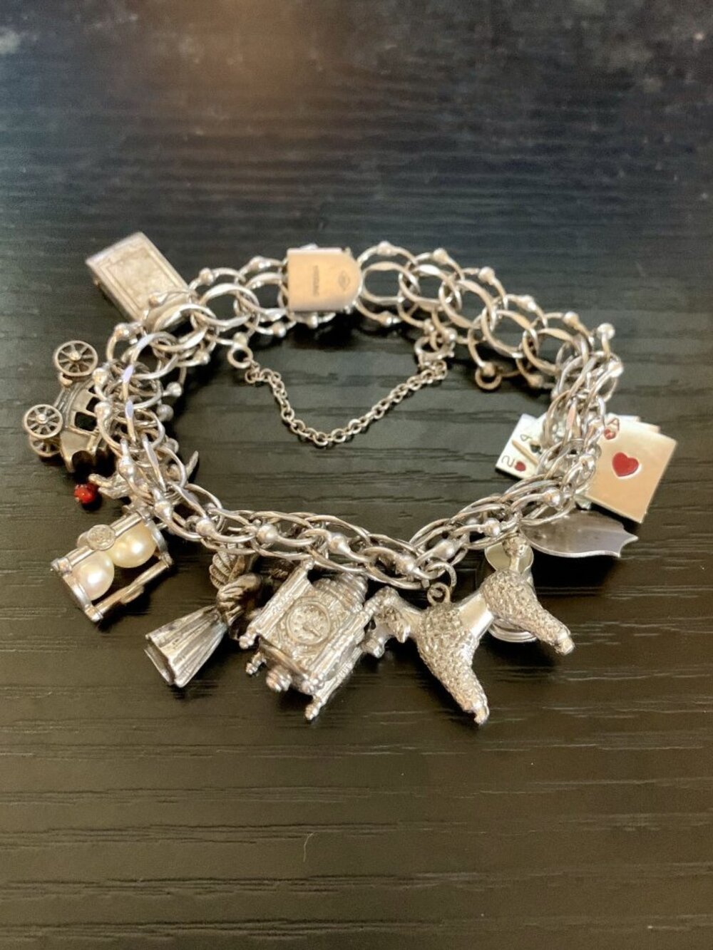 Vintage JMS Sterling Silver Double Link Charm Bracelet 10 Charms Heavy 55.78g